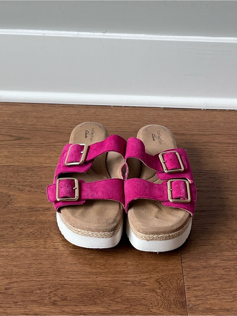 Clarks Lana Beach Platform Adjustable Slide Sandals Size 9M Hot Pink Suede